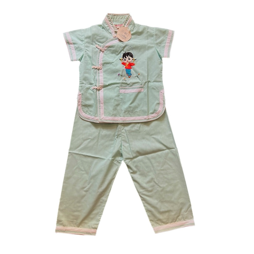 Vintage Asian Plum Blossoms Traditional Kimono 2 Piece Outfit Sz 4 Shirt Pants